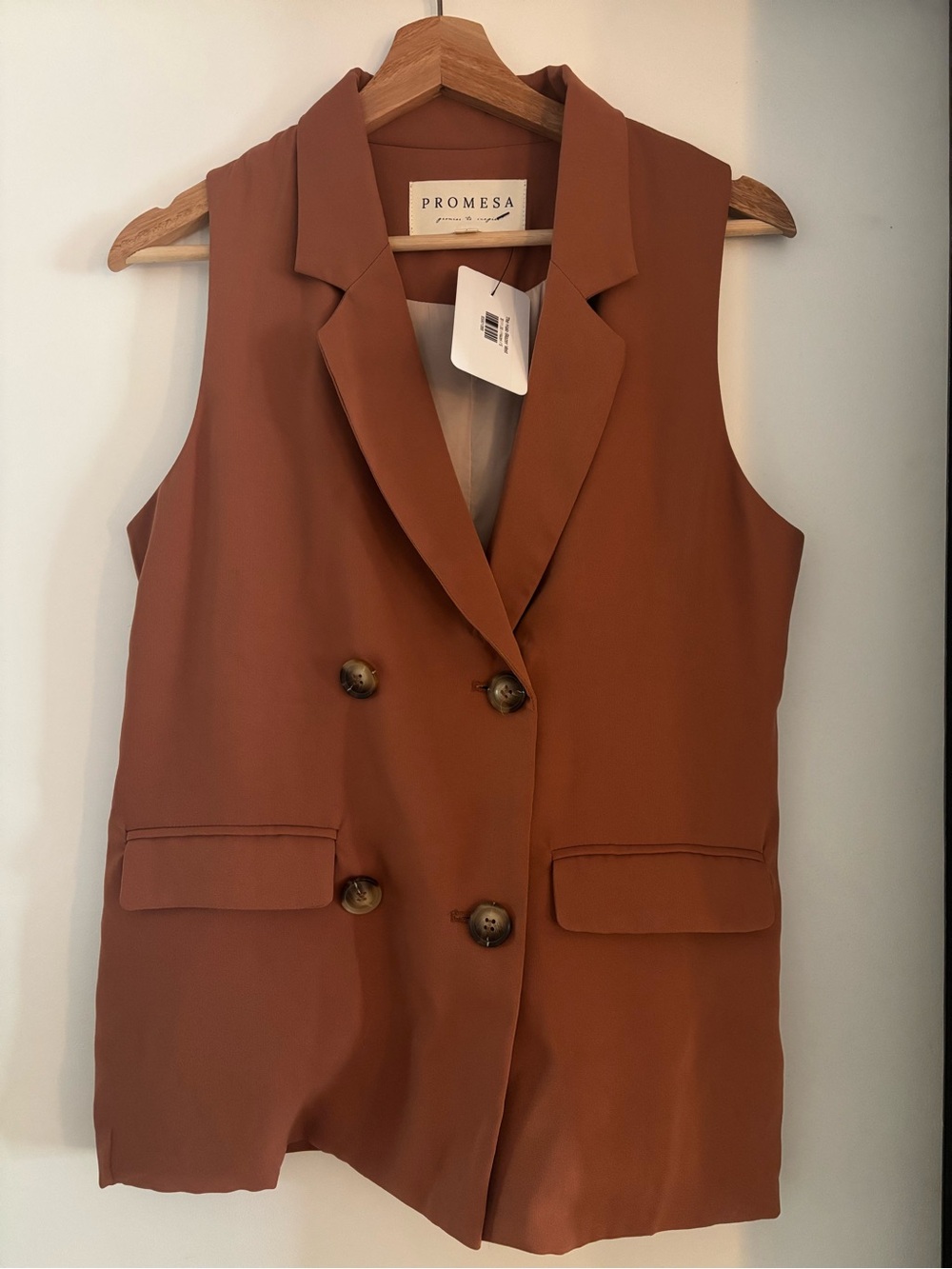 Promesa Sleeveless Double-Breasted Blazer Vest in Rust Brown